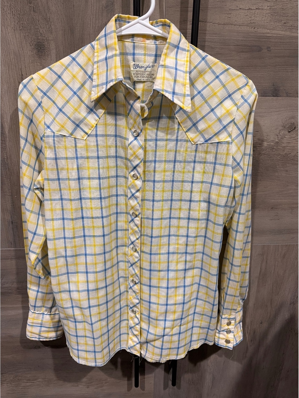 Vintage Wrangler Authentic Western Shirt for Females, Yellow and Blue Plaid, USA